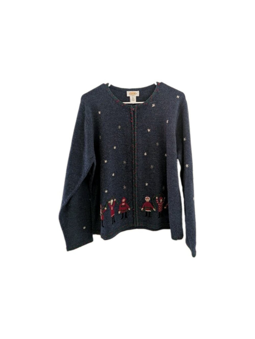 Talbots 100% Lambswool Christmas Sweater XL Blue Knit Zip Cardigan Festive